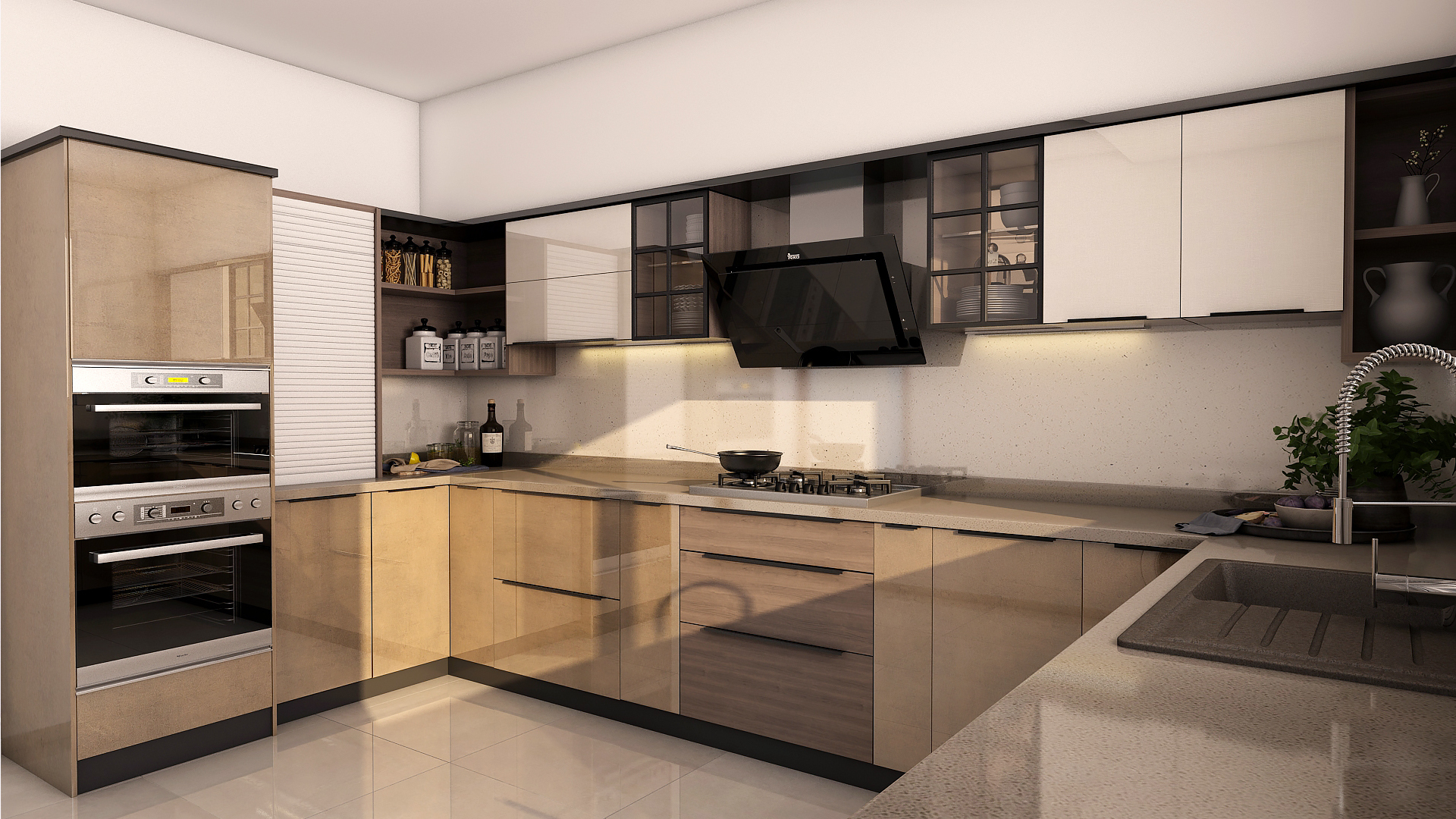 FabModula interior designer products U shaped modular kitchen with wooden panel